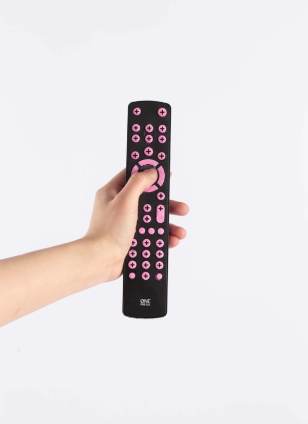 All buttons on this remote are volume-up buttons, representing a rebellion against the suppression of LGBTQ topics in family settings.