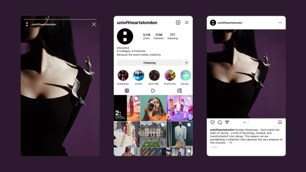 3 phone mockups showing the Instagram interface, the first showing an image on an Instagram story, the second showing the feed of the UAL Instagram account and the third showing an individual post.