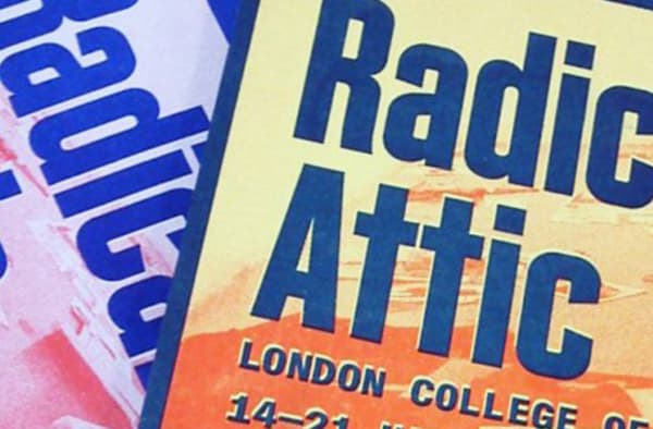 Poster design for Radical Attic. Showing a section of blue text on an orange background.