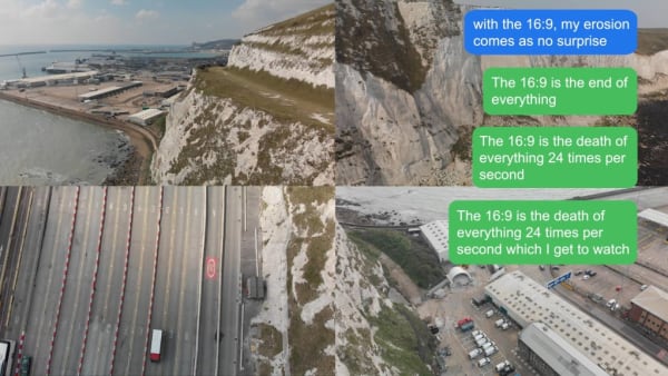 a collage of four bird's eye view of coastal highway. Top left - the harbour with rocky cliffs, top right - rocky cliffs, bottom right - rocky cliffs  beside buildings and parked vehicles, bottom left - a few vehicles on highway lanes beside the edge of rocky cliffs. on top of the images, four text messages: 