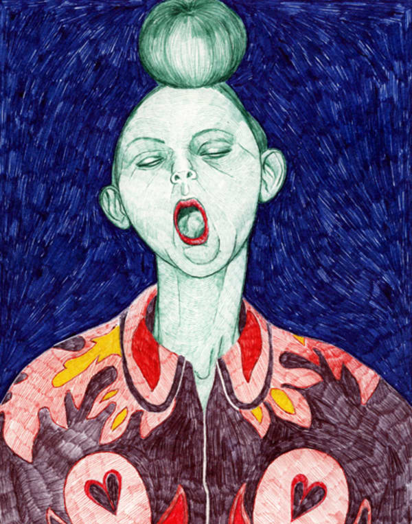 biro illustration of a woman yawning, in a multicoloured patterned shirt, against a navy background.