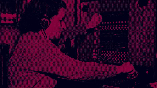 pink and purple duotone photo a woman using an old switchboard