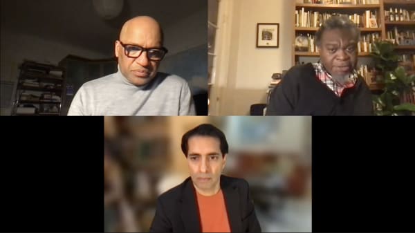 Screenshot of a Zoom event with 3 people in conversation