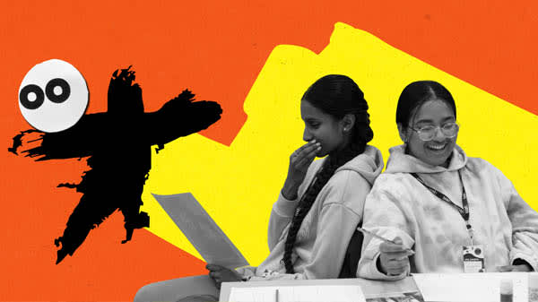 Collaged image of 2 girls sat together working and laughing. The background is a vibrant orange and yellow.