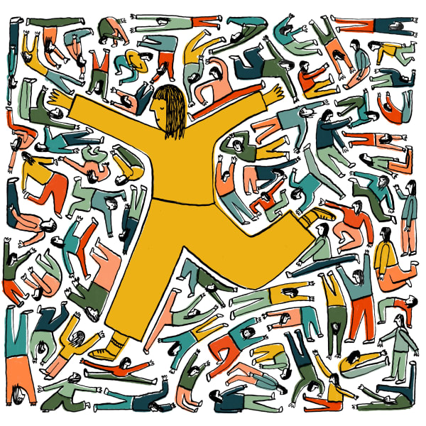 A palyful illustration of a person dressed in yellow stands out among numerous smaller figures in diverse colors and dynamic poses.