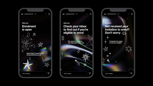 3 phone mockups with welcome Instagram stories with guidance about enrolment. The designs have a holographic background and white hand drawn stars 