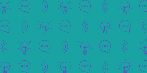 A teal background featuring a repeating pattern of outlined icons in dark blue. The icons include light bulbs with rays indicating illumination, speech bubbles with three dots symbolizing conversation, and curved lines representing sound or communication waves.