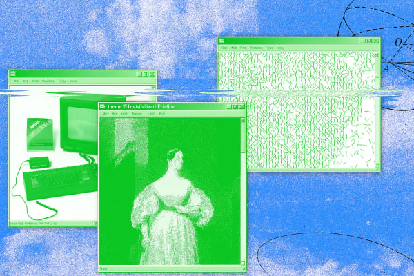A digital collage featuring a mix of retro computer windows and glitch art, rendered in a high-contrast green and blue colour palette.