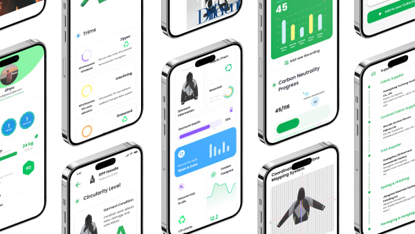 Multiple smartphones display apps related to sustainability and fashion, featuring charts, garment details, and progress bars. Clean, modern style.