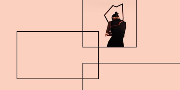 A person in black, seen from behind, stands against a peach background intersected by black geometric lines, creating an abstract, contemplative mood.