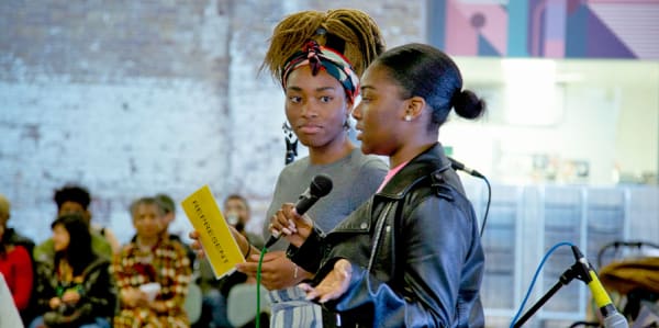 Two black female speakers at the Central Saint Martins Zine 1 launch at UAL in 2019