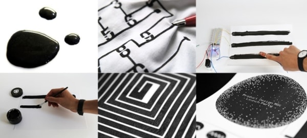collage of six images of various ink work on different textiles.