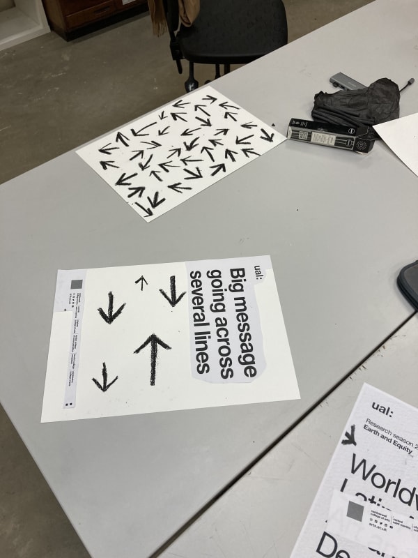 Paper, charcoal and printed posters laid on a table