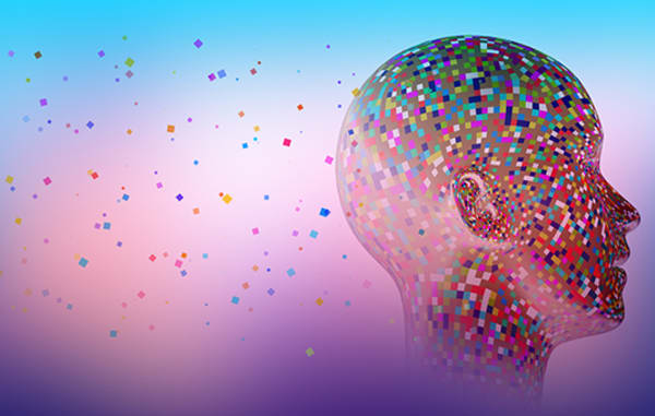 A silhouette of a head, in side profile. There are colourful squares, or pixels, floating in and out of it. 