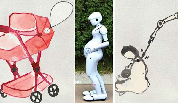 A composite of 3 images: A watercolour pram drawing; an AI generated image of 'maternal robot'. A watercolour drawing of a robot arm interacting with a human and child.