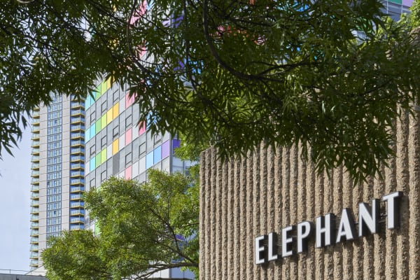 Elephant Arcade building in front of LCC campus, with trees in background and foreground. 