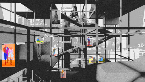 Architectural drawing of building mostly in black and white with a few squares and rectangles with colourful rendering of people