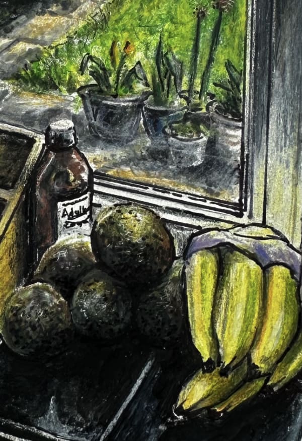 A close up drawing of fruit next to a window overlooking a garden