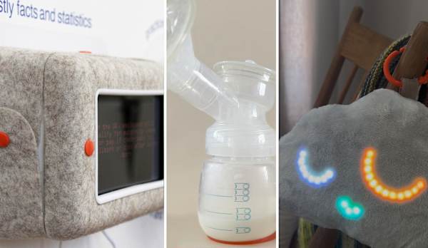 l to r: a design prototype of a baby monitor; a baby's milk bottle printed with finger illustrations for measurements and a design prototype of a baby's toy shaped like a cloud with lights suggesting a smiley face and an orange pull cord 