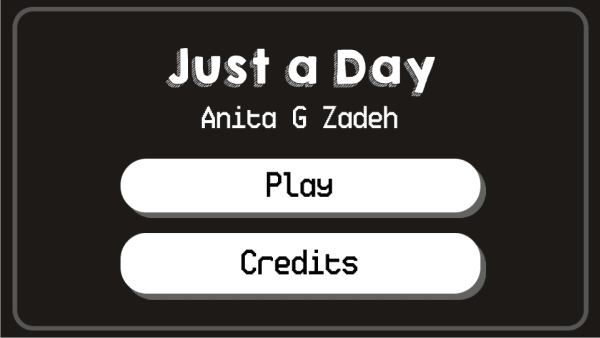 image of game with play and credits button. black background with white buttons.