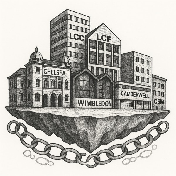 pencil drawing of UAL 6 colleges on a chain link connecting island