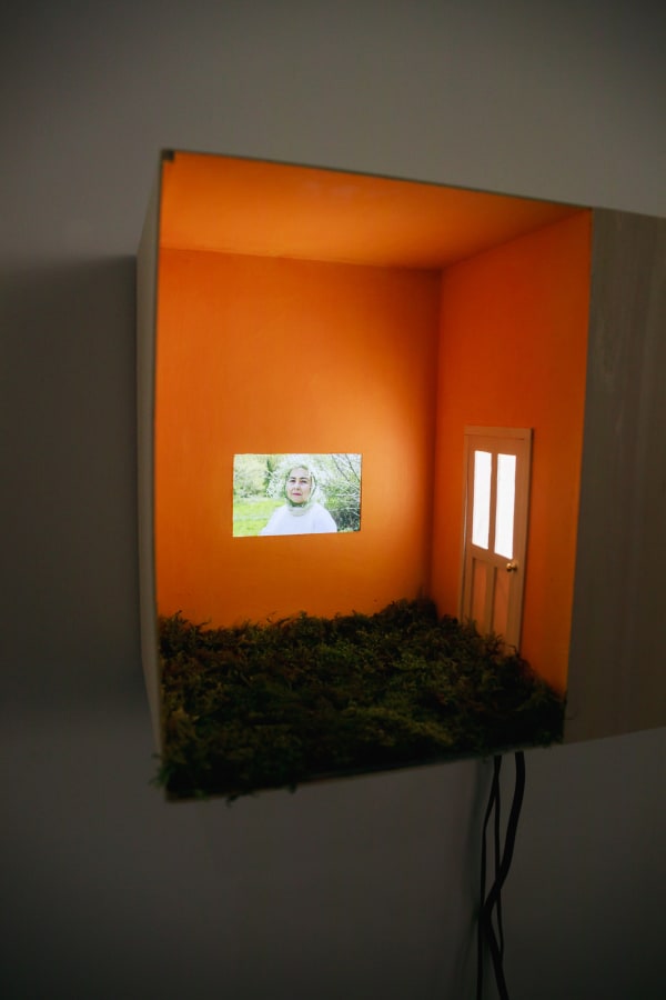 A box frame attached to a wall with cables running out and down. Inside is orange walls and ceiling with a soil or grassy textured layer on the floor and a tiny screen showing a person. To their right is a minature replica of an interior door.