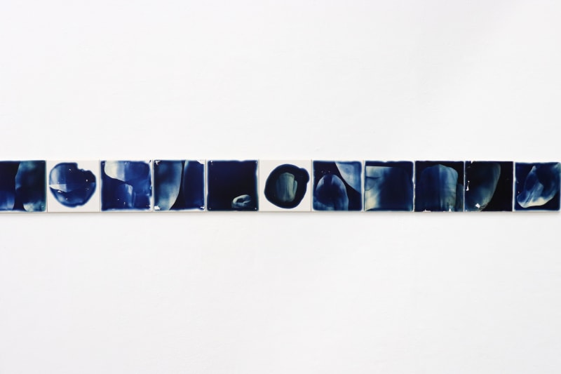 Twelve small ceramic tiles are arranged horizontally on a white wall. The surface of the tiles is coated in a blue bioplastic and images of the body.