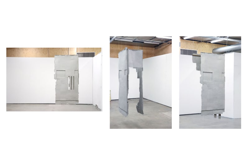 Three images of a handmade paper cast of a hallway suspended from the ceiling in the studio.