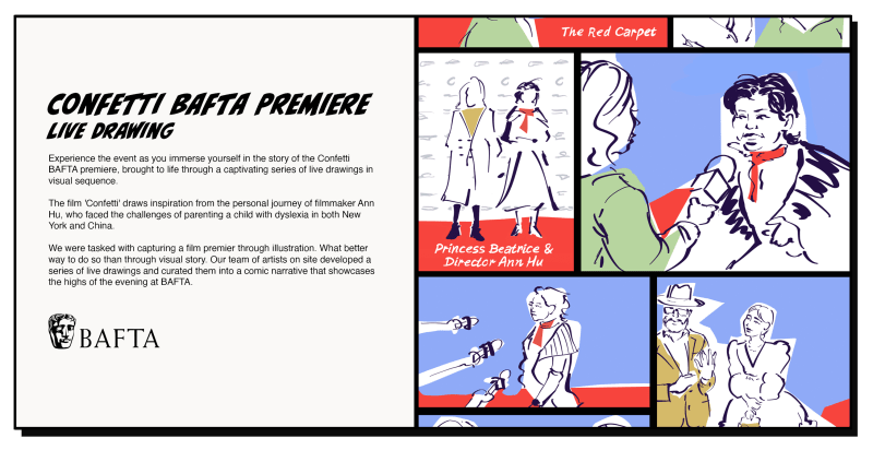 A series of live drawings documenting the BAFTA launch of CONFETTI.