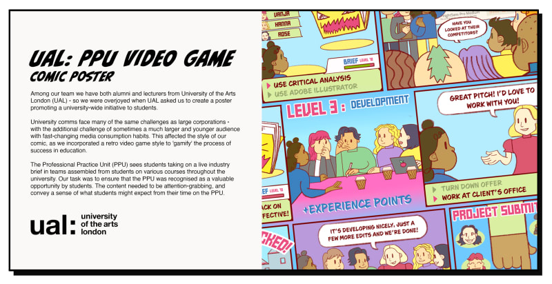 Retro style comic depicting UAL students on the PPU unit.