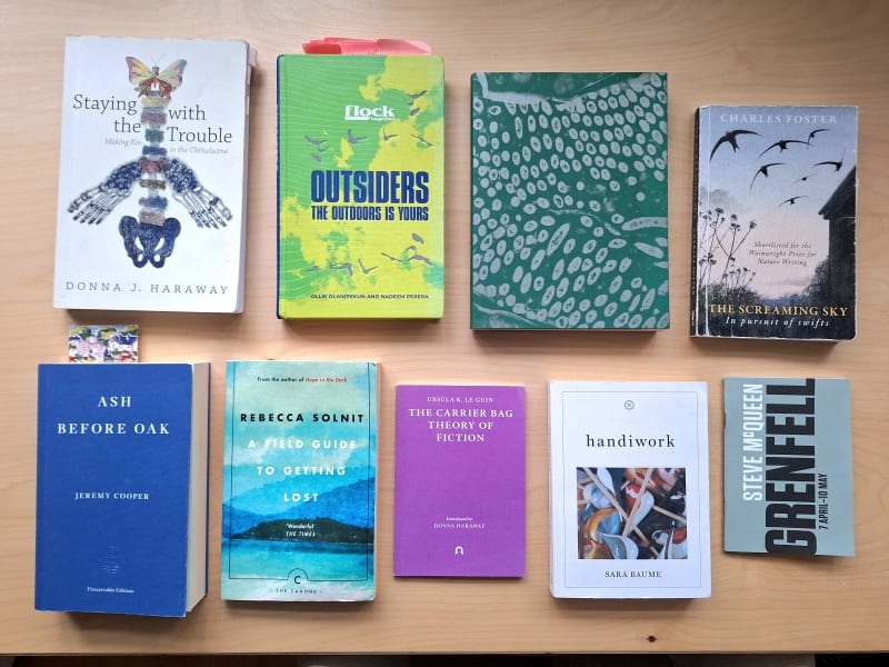A photograph of nine books including Ash Before Oak, A Field Guide to Getting Lost, The Carrier Bag Theory of Fiction, Handiwork, The Screaming Sky.
