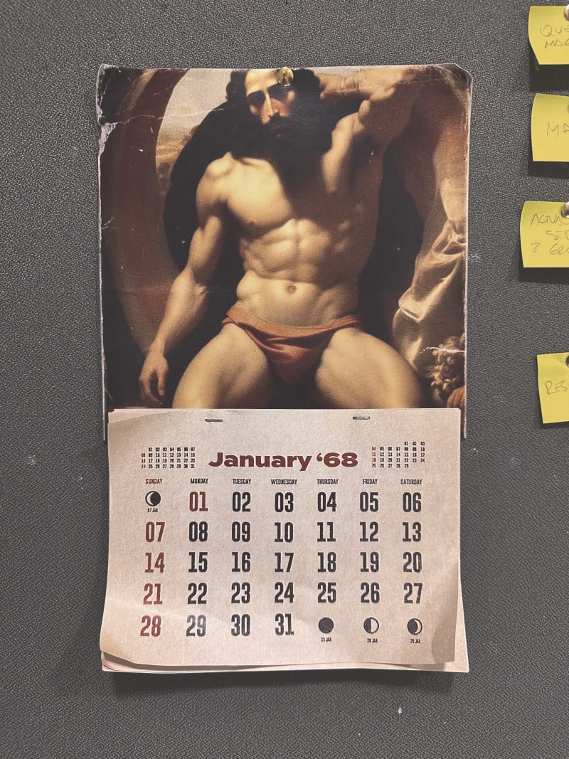 Image of a half-naked Christ on a wall calendar, a street wall and the detail of a black and gold painting.