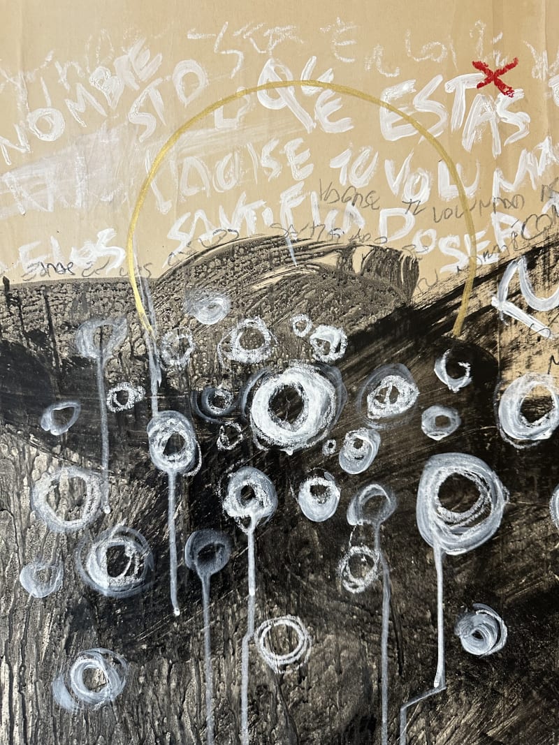 Image of a half-naked Christ on a wall calendar, a street wall and the detail of a black and gold painting.