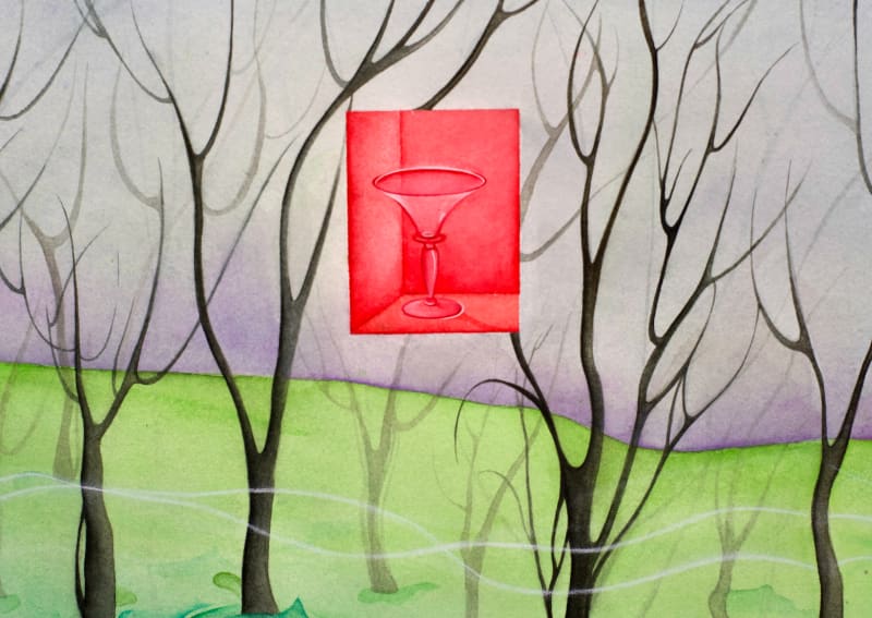 In the centre of the image is a small red square, in the middle of the square is a glass representing the woman's body, while the branches in the back