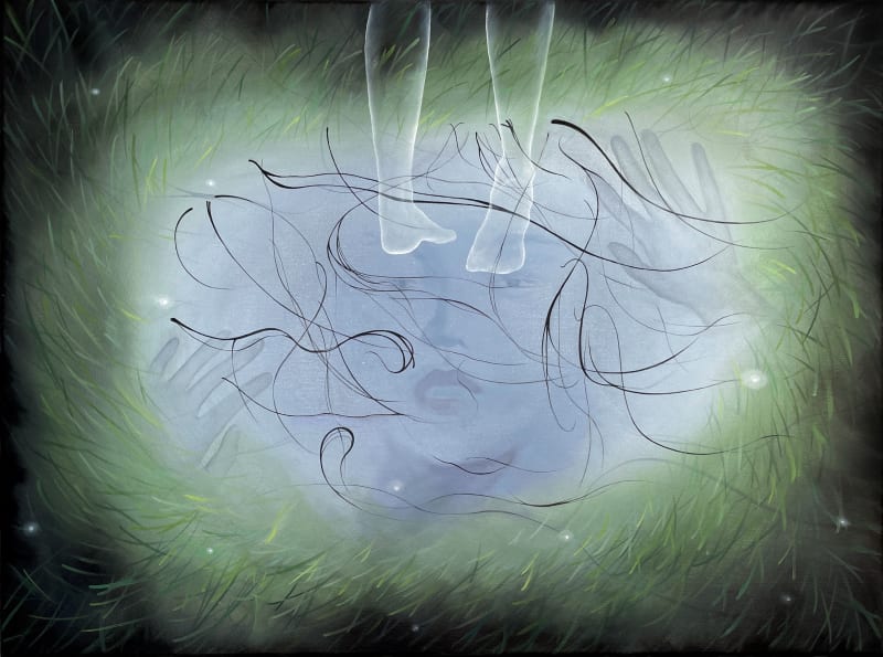 The image consists of a lake surrounded by weeds, with the trapped woman in the centre of the image representing the status of women in society