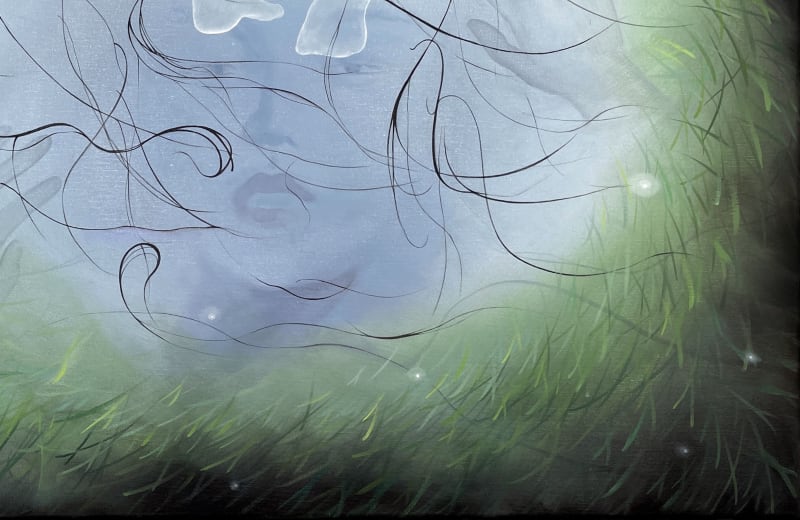The image consists of a lake surrounded by weeds, with the trapped woman in the centre of the image representing the status of women in society
