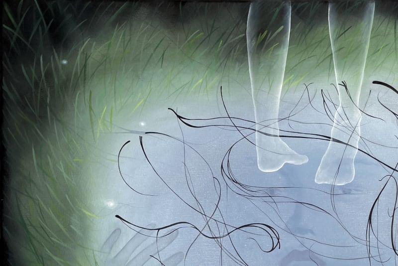 The image consists of a lake surrounded by weeds, with the trapped woman in the centre of the image representing the status of women in society