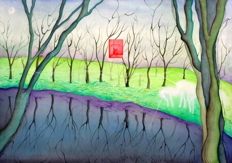 In the centre of the image is a small red square, in the middle of the square is a glass representing the woman's body, while the branches in the back