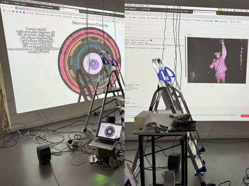A studio setup with projections showing a vinyl-like interface and pose detection data, surrounded by tools and equipment.