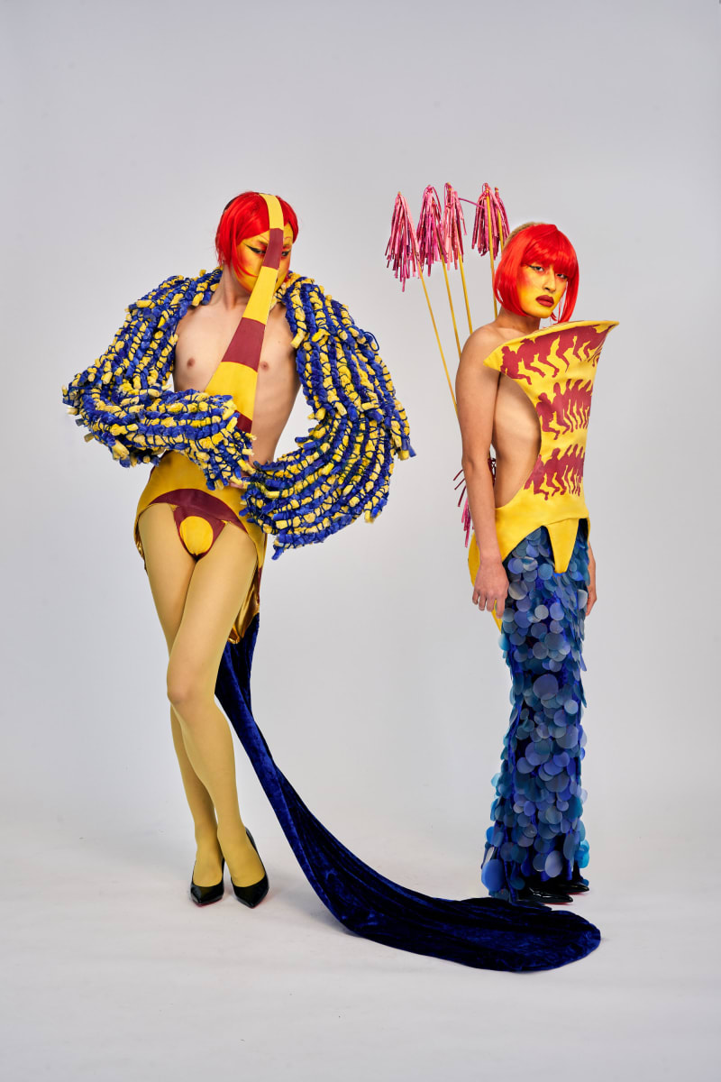 Woven, hand-painted jacket made of corded fabric scraps; screen-printed yellow velvet leotard with satin-gold lining; draped butt cutout and train
