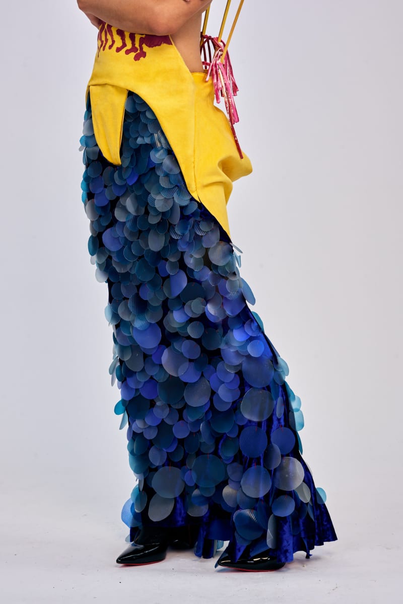 Close up of handmade, hand-cut and hand-sewn gelatin and potato starch sequins