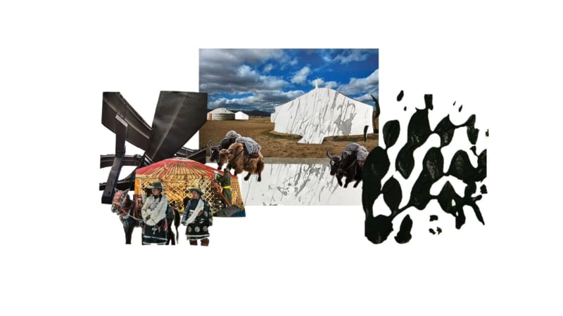 collage with yak, nomad housing with print 