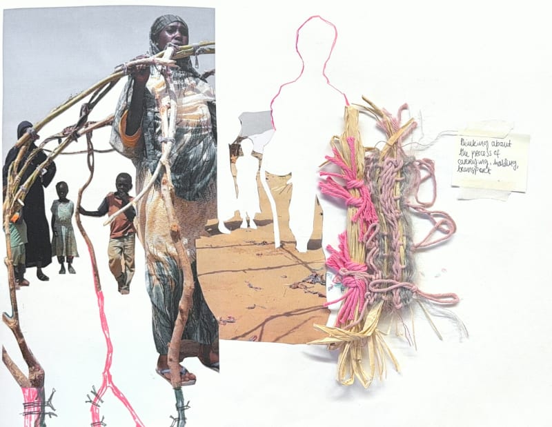Sketchbook development exploring the ideas of holding and carrying which has then been explored through weave material experiments.