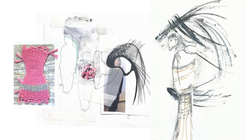 Sketchbook development showing the silhouette development of the backpack through shape and texture experimenting.