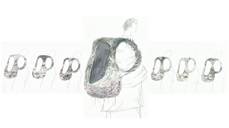 Sketchbook pages showing the colour and texture development of the backpack with the final illustration in the centre.