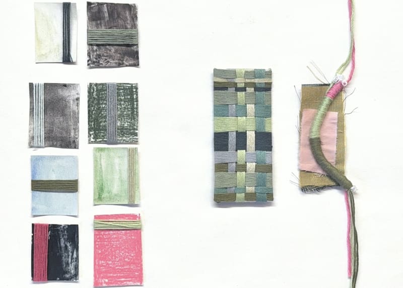 Colour palette developments, consisting of earthy and pink tones, explored through colour wrapping and weave samples.