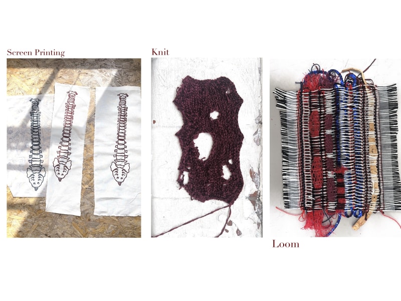 pictures of sketchbook along with knit samples, loom samples and screen print samples.