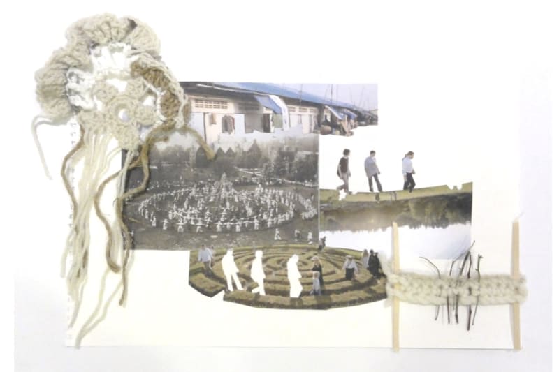 Collage of Maypole Dance with two crochet samples.
