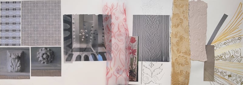 Ripped wallpaper from old house consist on floral design to collage.