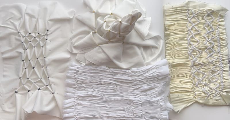 Samples of honey comb smocking in different neutral coloured fabrics